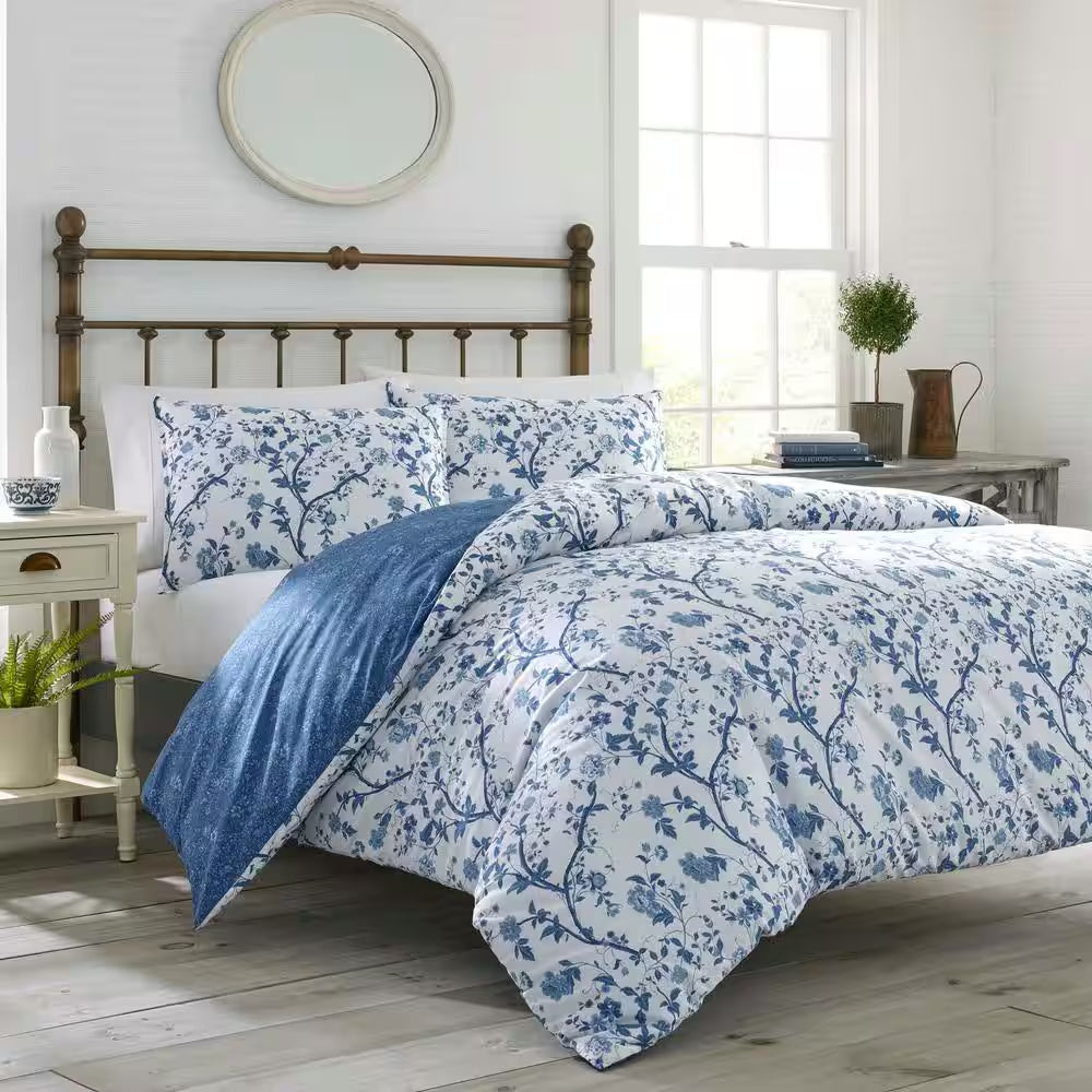 Elise 3-Piece Blue Floral Cotton Full/Queen Duvet Cover Set
