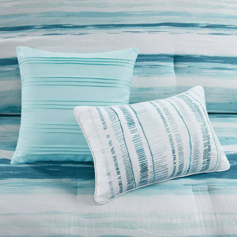 Marina Azure Comforter Set - Styled bedroom with aqua seersucker bedding