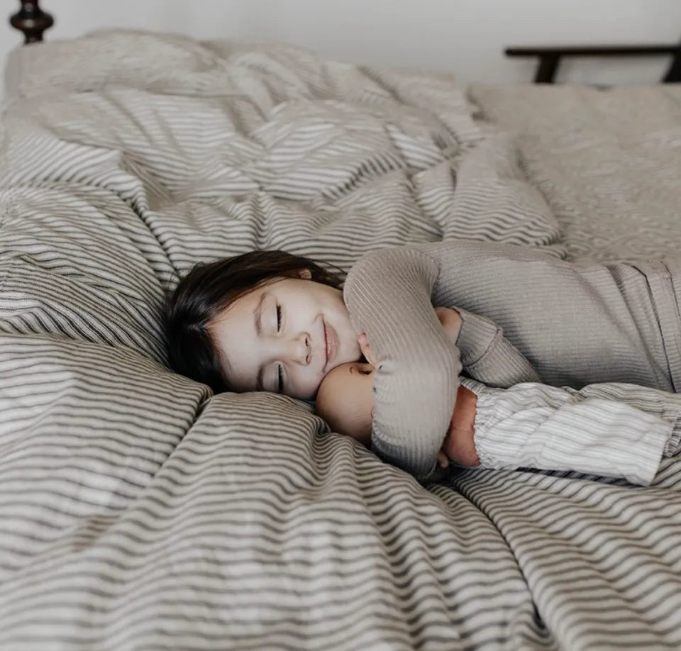 Ticking Stripe Duvet Cover styled bed – farmhouse percale bedding, Casa Marella