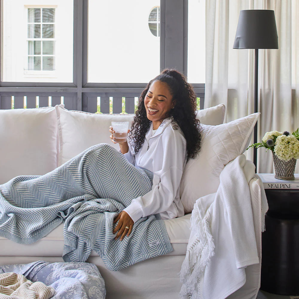 Homewood Throw Blanket porch lifestyle – Red Land Cotton, 100% Alabama cotton, Casa Marella