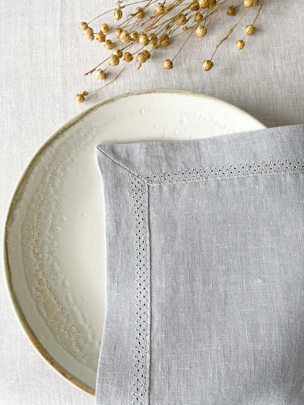 Washed Linen Napkin with Openwork Detail - Light Grey