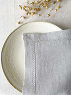 Washed Linen Napkin with Openwork Detail - Light Grey