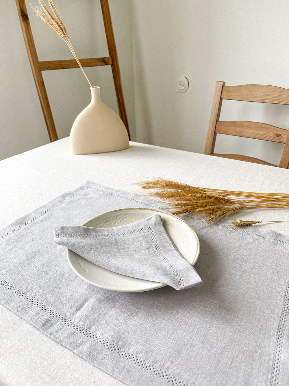 Washed Linen Napkin with Openwork Detail - Light Grey