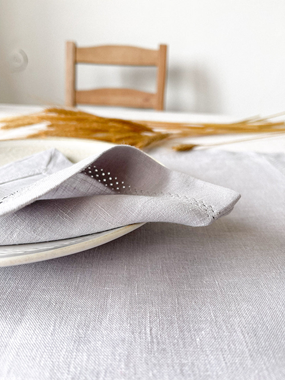 Washed Linen Napkin with Openwork Detail - Light Grey