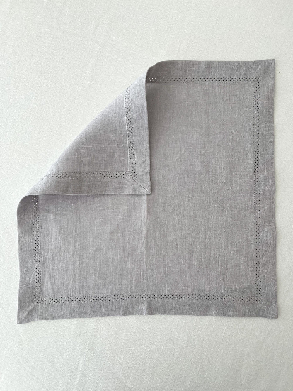 Washed Linen Napkin with Openwork Detail - Light Grey