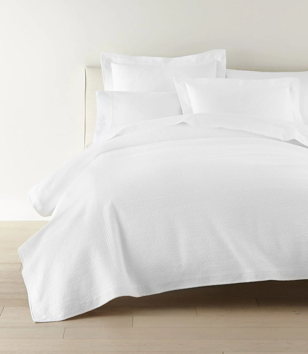 Montauk Matelassé Coverlet lifestyle foot view in Pearl – Peacock Alley – Casa Marella
