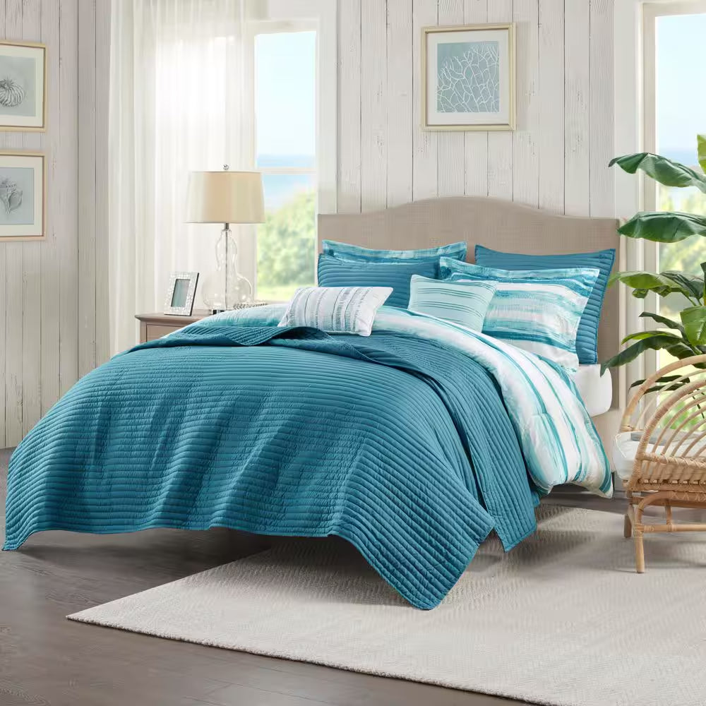 Aqua coastal comforter set with matching shams and decorative pillows - full bedroom view