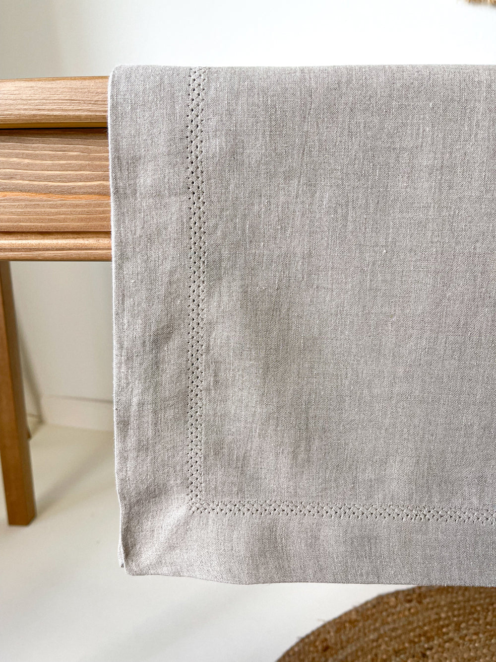 Washed Linen Tablecloth with Openwork Border - Beige