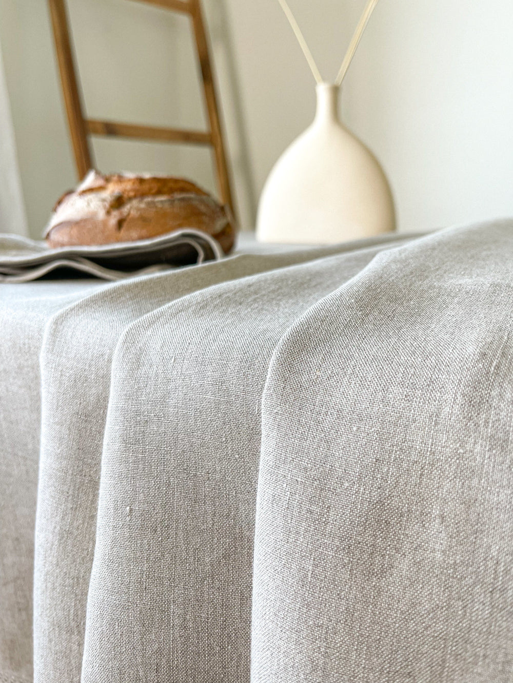 Washed Linen Tablecloth with Openwork Border - Beige